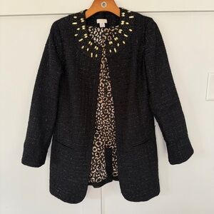 Chico's Women's Coat Black Tweed Boucle Collarless Jewel Black Animal Print 0 S